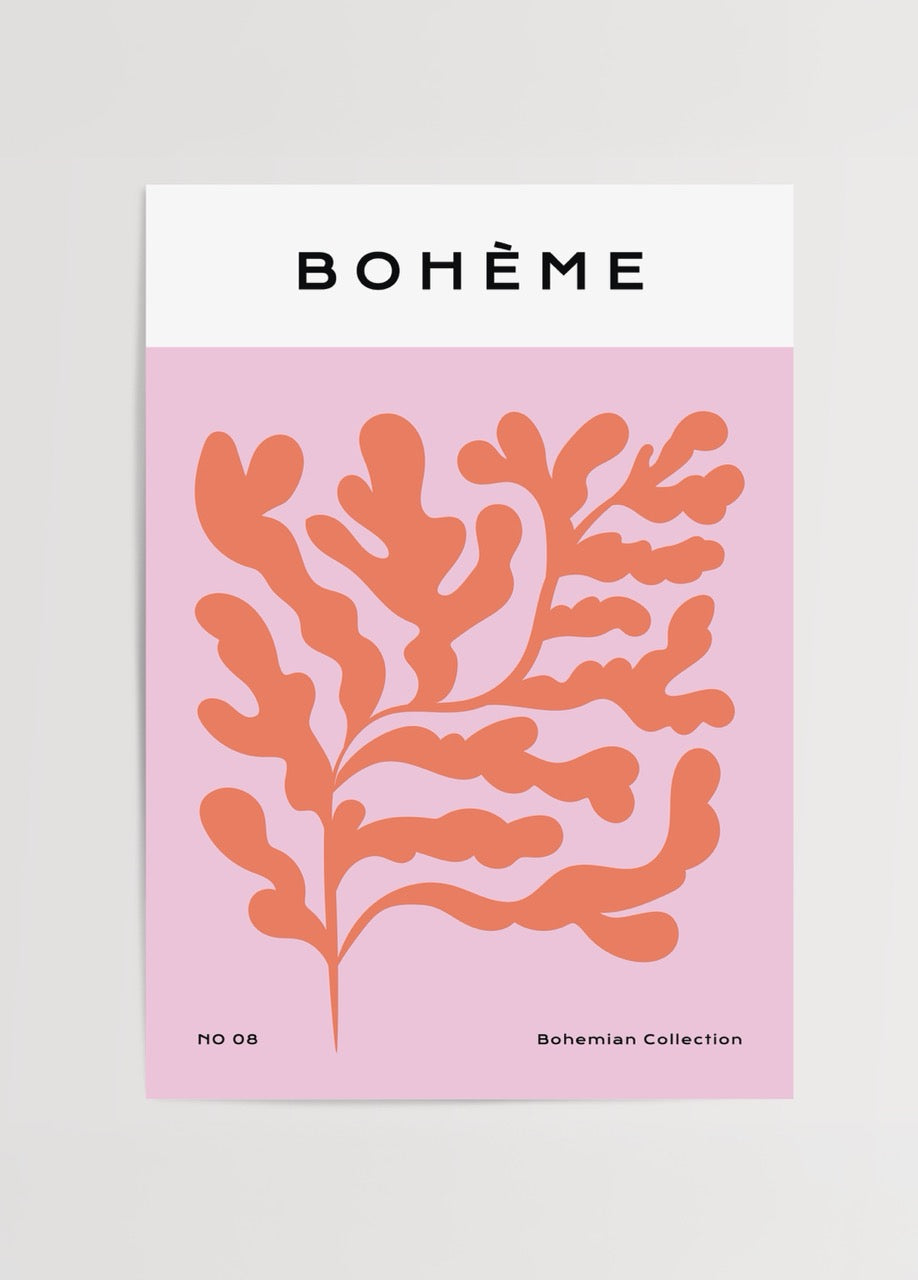 Bohemian Blossom Wall Art Print featuring coral organic shapes on a pink background.