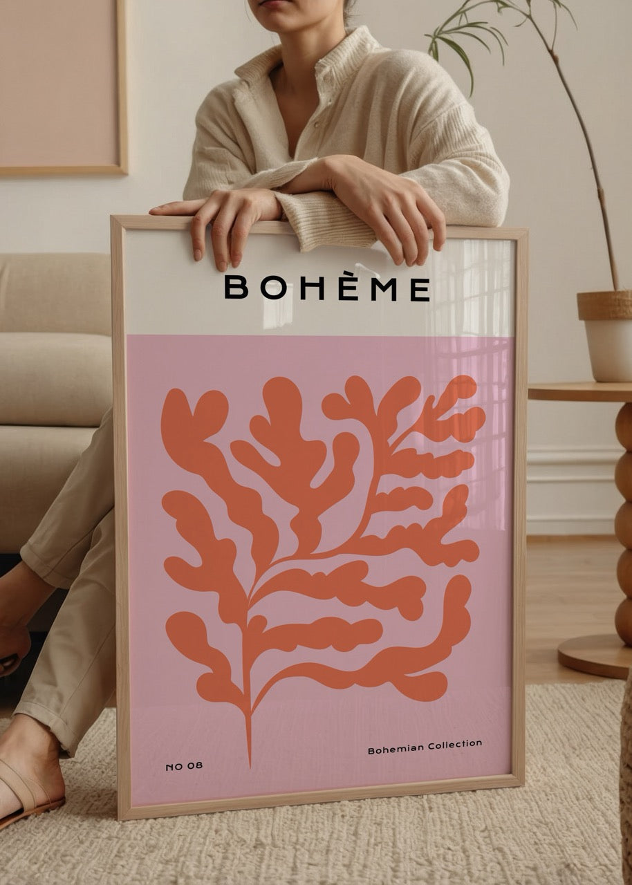 Bohemian Blossom Wall Art Print featuring coral organic shapes on a pink background.