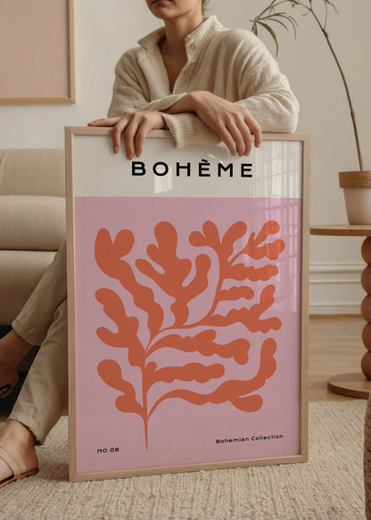 Bohemian Blossom Wall Art Print featuring coral organic shapes on a pink background.