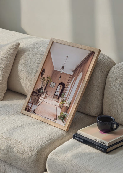 Artistic depiction of a serene corridor in earthy tones.