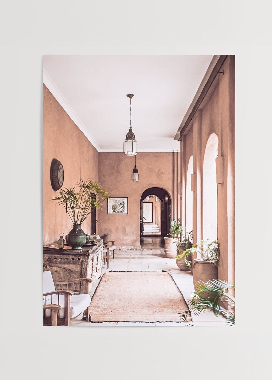 Artistic depiction of a serene corridor in earthy tones.
