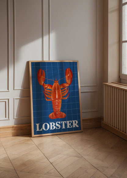 Vibrant lobster illustration on a blue background for wall art.