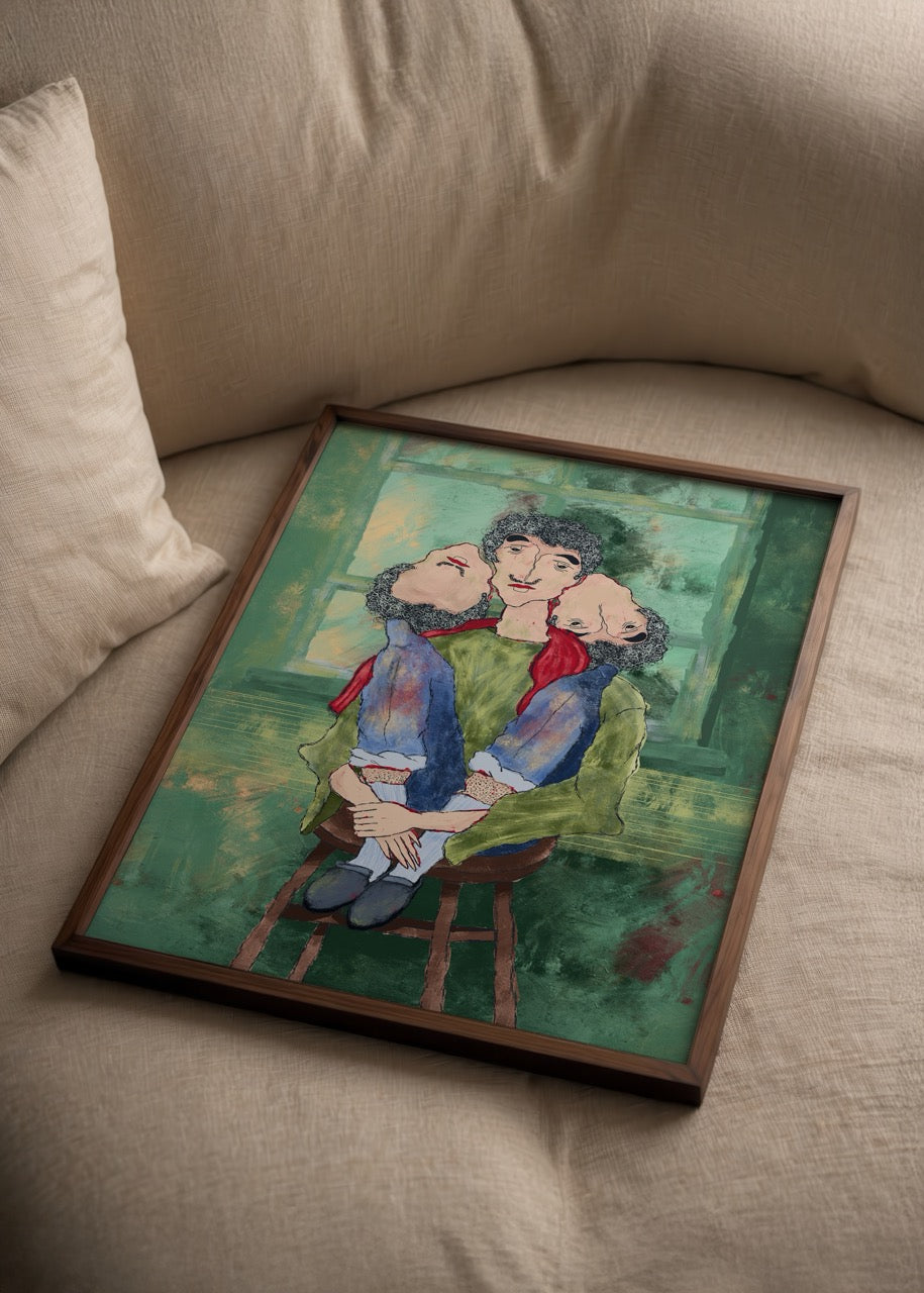 An expressive artwork featuring a figure with two heads, representing duality and identity.