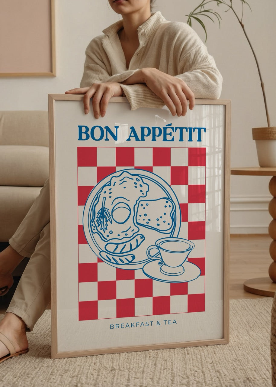 Illustrative poster featuring a breakfast plate and tea, vibrant colours.