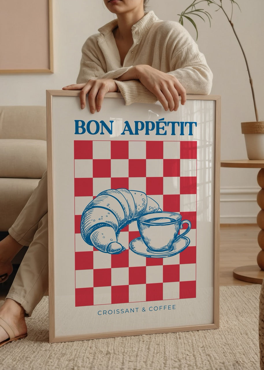 Illustrative poster of a croissant and coffee on a checkered background.