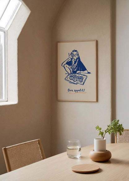 Culinary illustration poster featuring a woman enjoying food with the phrase &