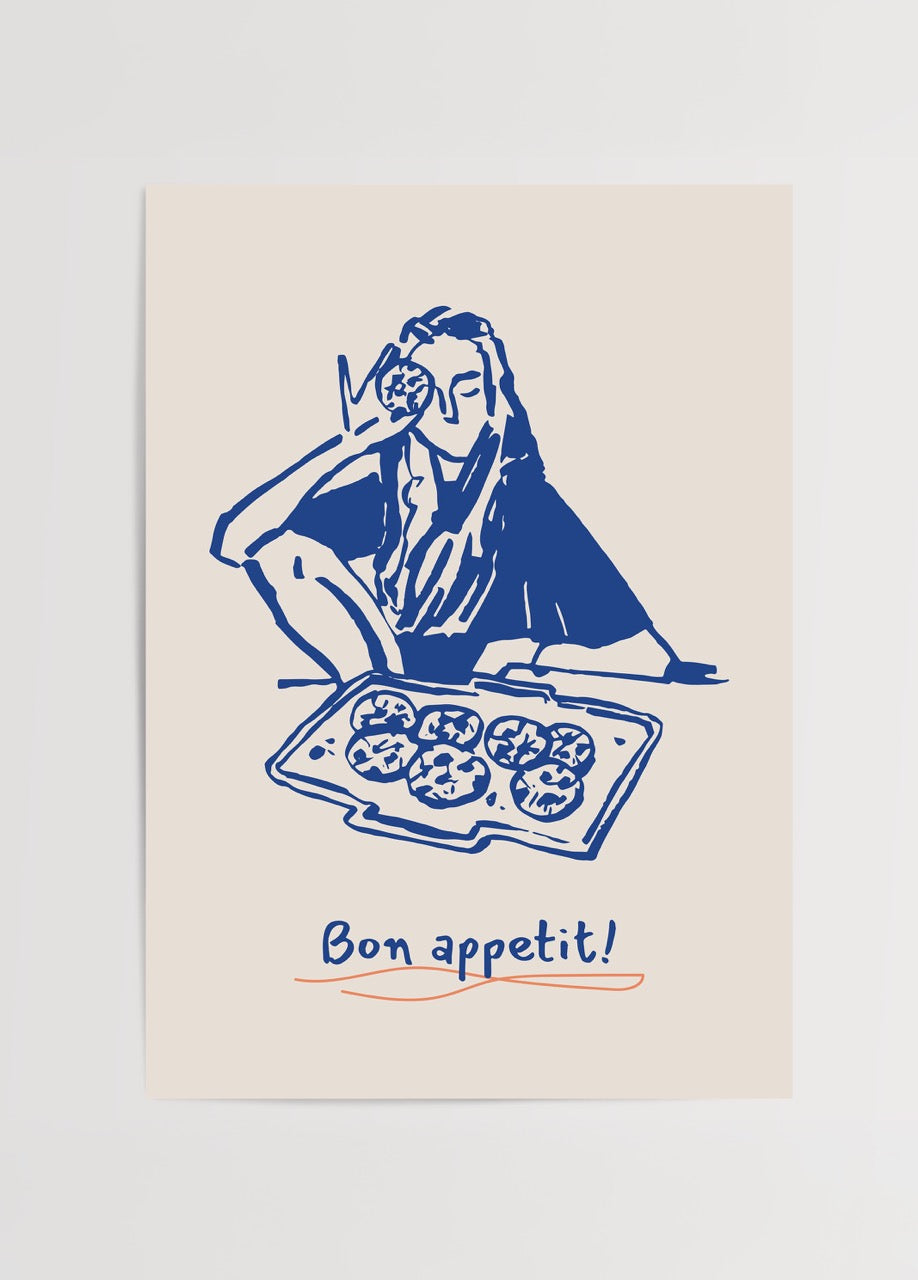 Culinary illustration poster featuring a woman enjoying food with the phrase &
