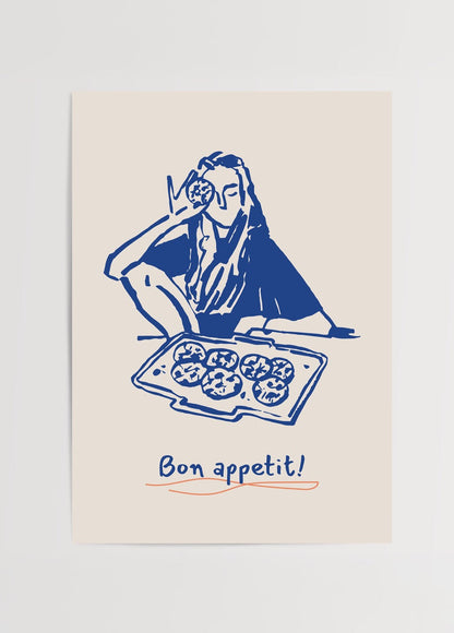 Culinary illustration poster featuring a woman enjoying food with the phrase &
