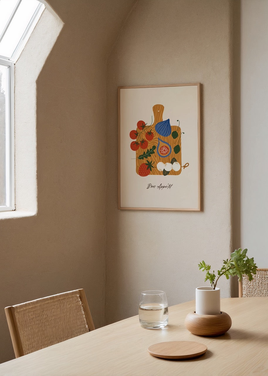 Vibrant culinary wall art featuring fresh vegetables and fruits on a wooden board.