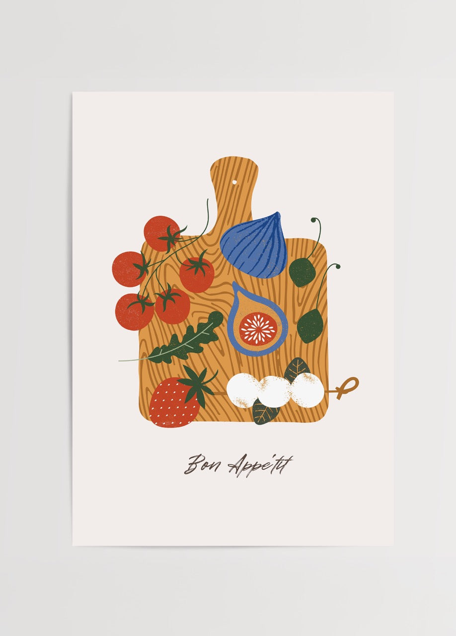 Vibrant culinary wall art featuring fresh vegetables and fruits on a wooden board.