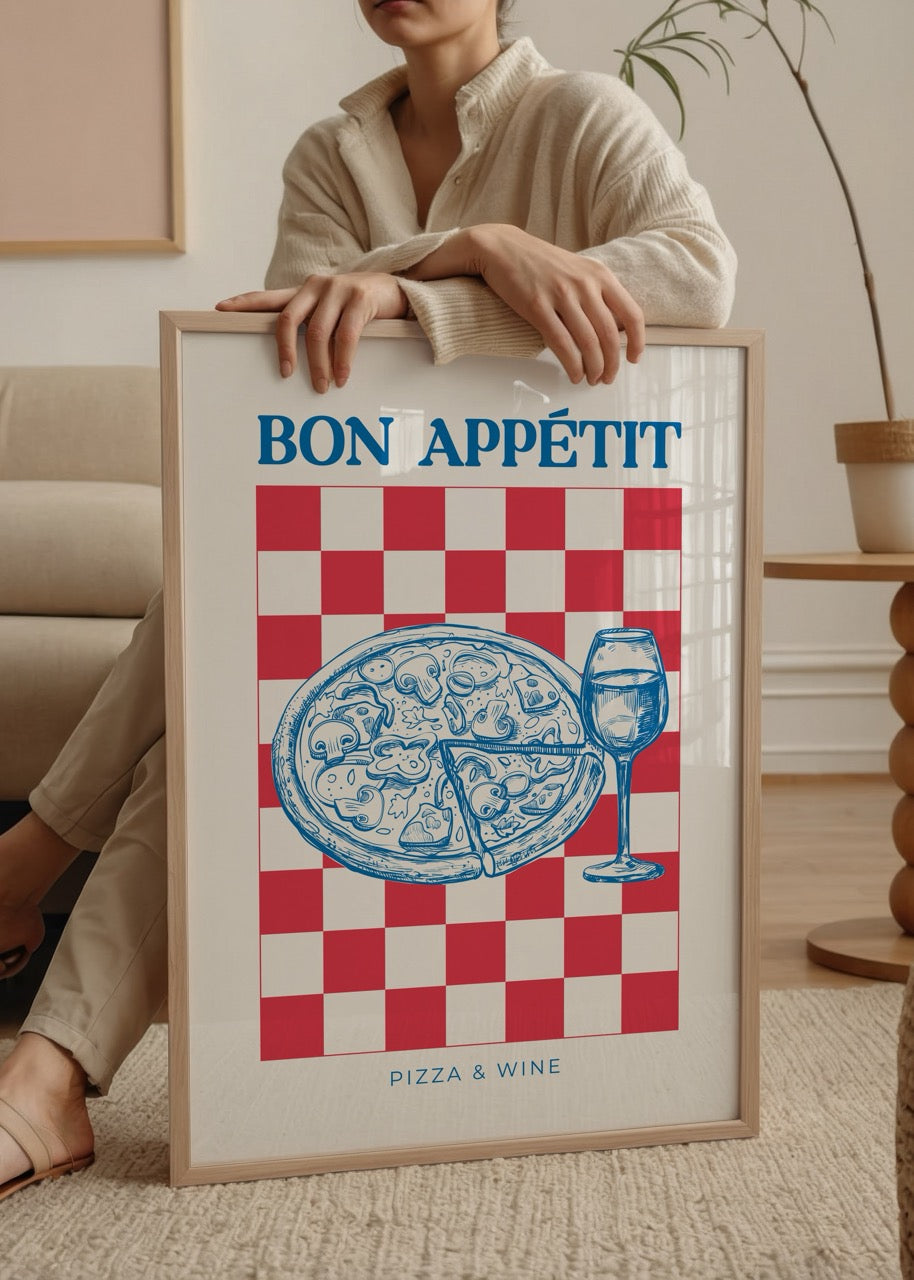 Bon Appétit poster featuring a pizza and wine glass on a checkered background.