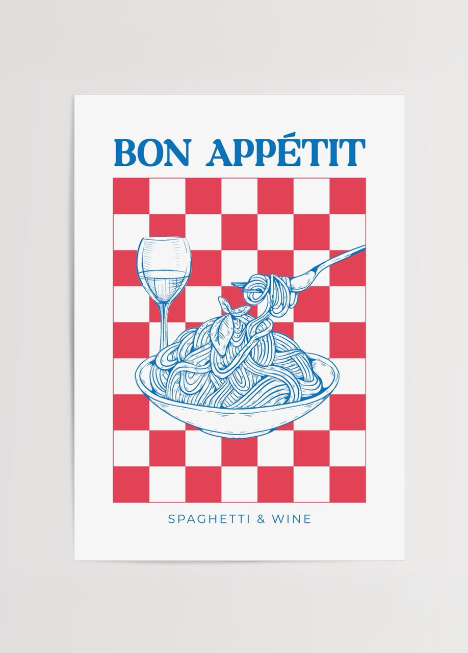 Vibrant poster print featuring spaghetti and wine on a checkered background.