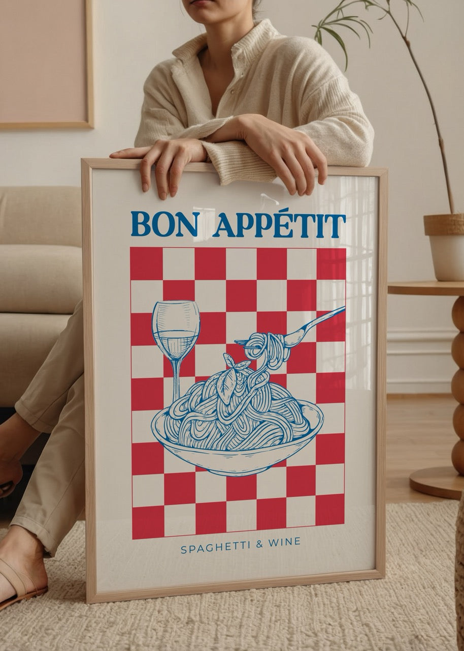 Vibrant poster print featuring spaghetti and wine on a checkered background.