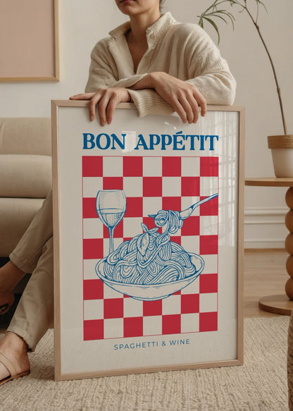 Vibrant poster print featuring spaghetti and wine on a checkered background.