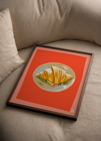 Illustration of a croissant on a plate with a coral background.
