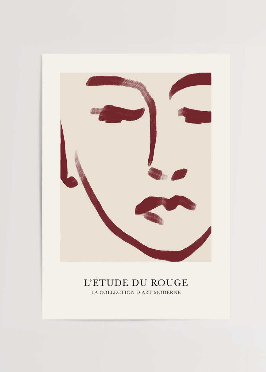 Abstract red and beige art print featuring a minimalist face.