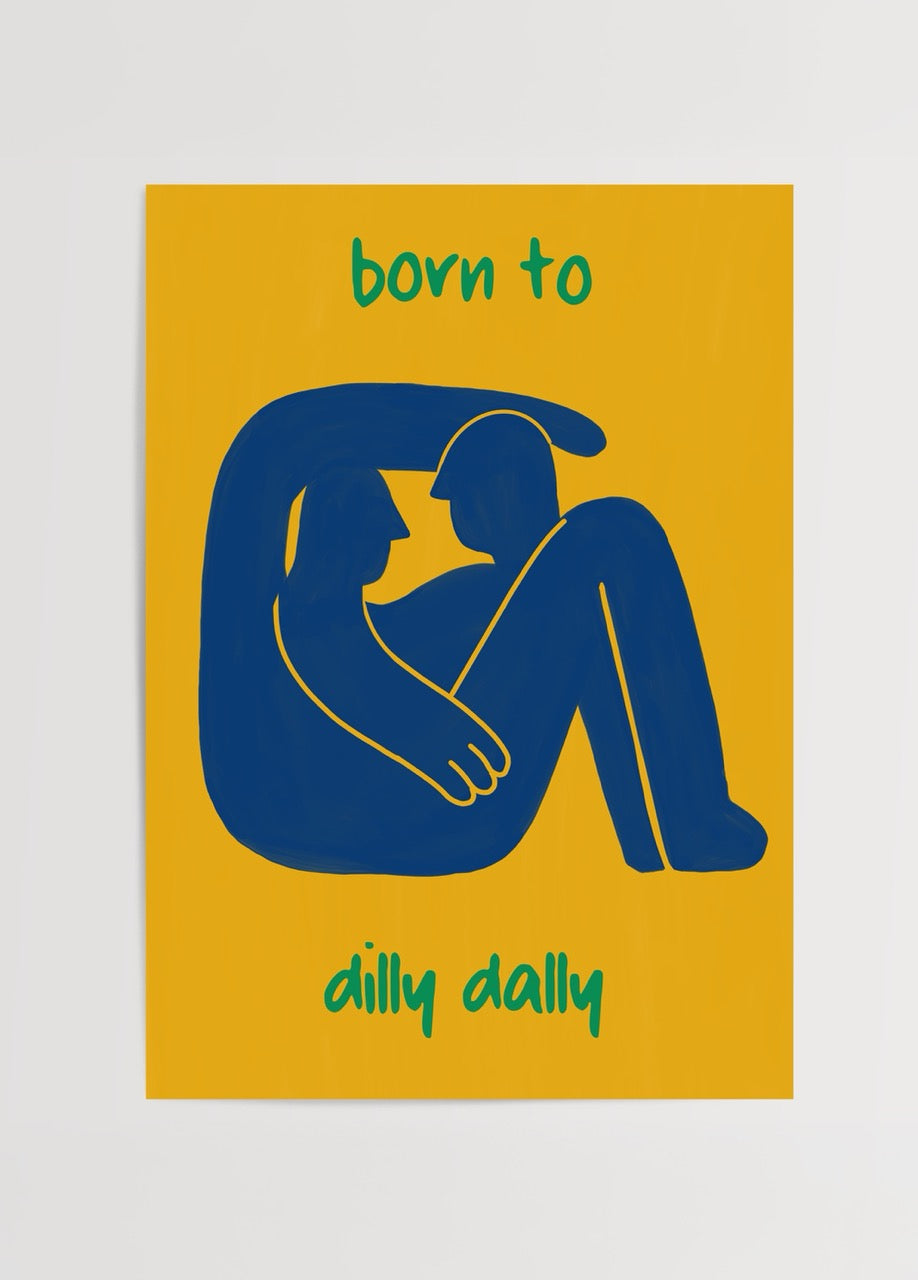 Vibrant artwork featuring playful figures and typography on a yellow background.