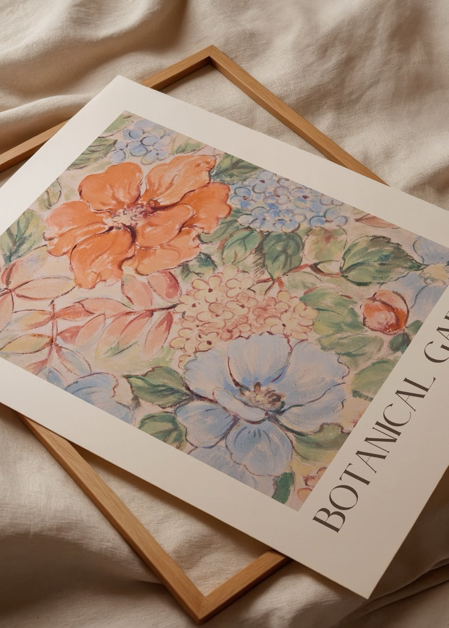 Vibrant floral poster featuring soft blue and orange flowers, perfect for home decor.