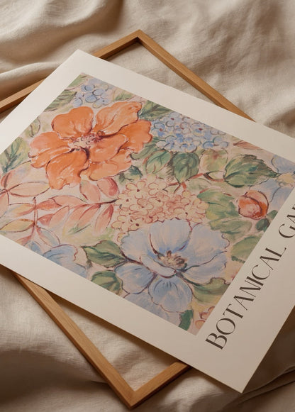 Vibrant floral poster featuring soft blue and orange flowers, perfect for home decor.