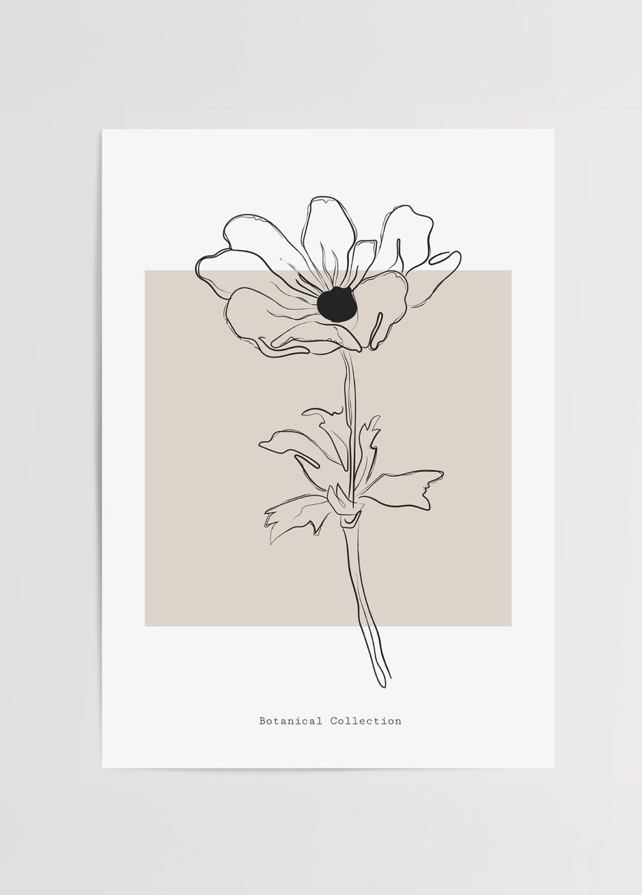 Elegant floral line art illustration on a beige background.