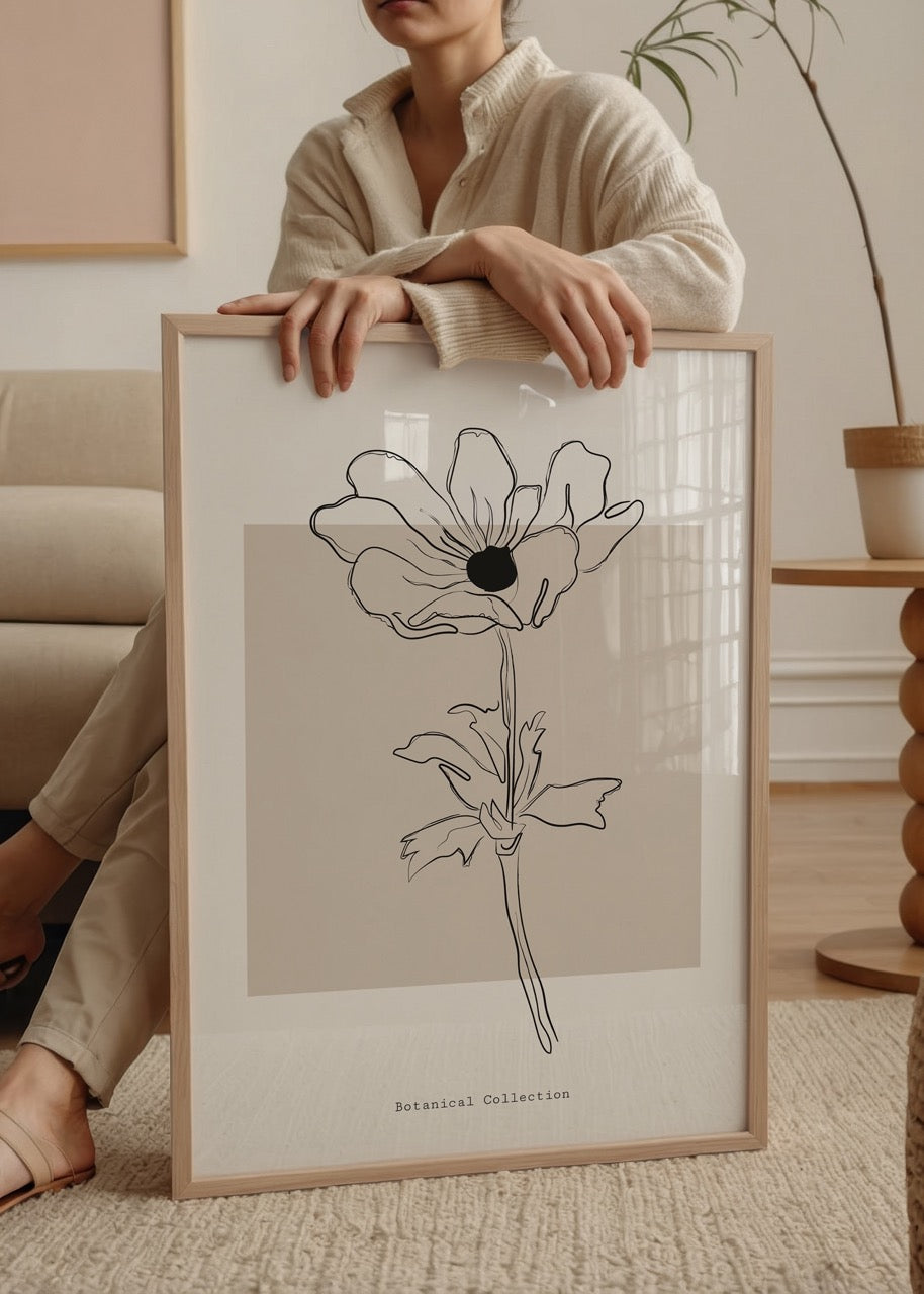 Elegant floral line art illustration on a beige background.