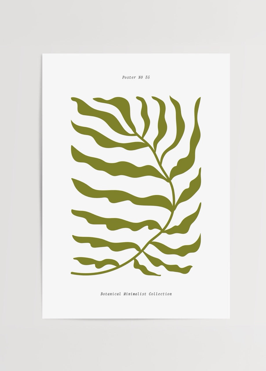 Minimalist leaf design in green on a white background.