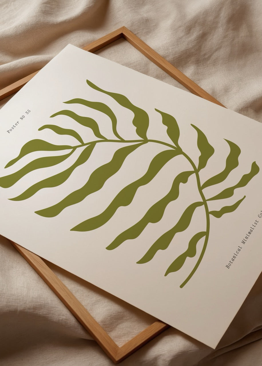 Minimalist leaf design in green on a white background.