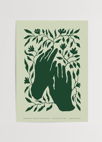 A green botanical poster featuring hands amidst foliage, perfect for wall art.