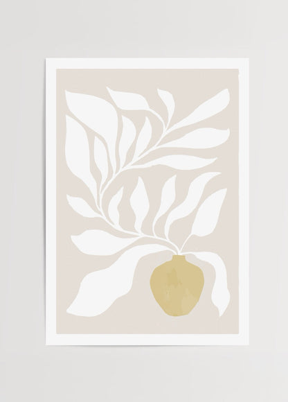 Elegant botanical illustration featuring leaves and a vessel on a beige background