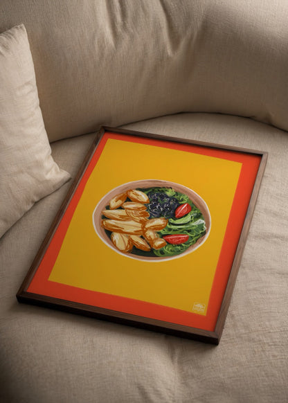 Vibrant poster print of a bowl with fresh ingredients against a bold background.