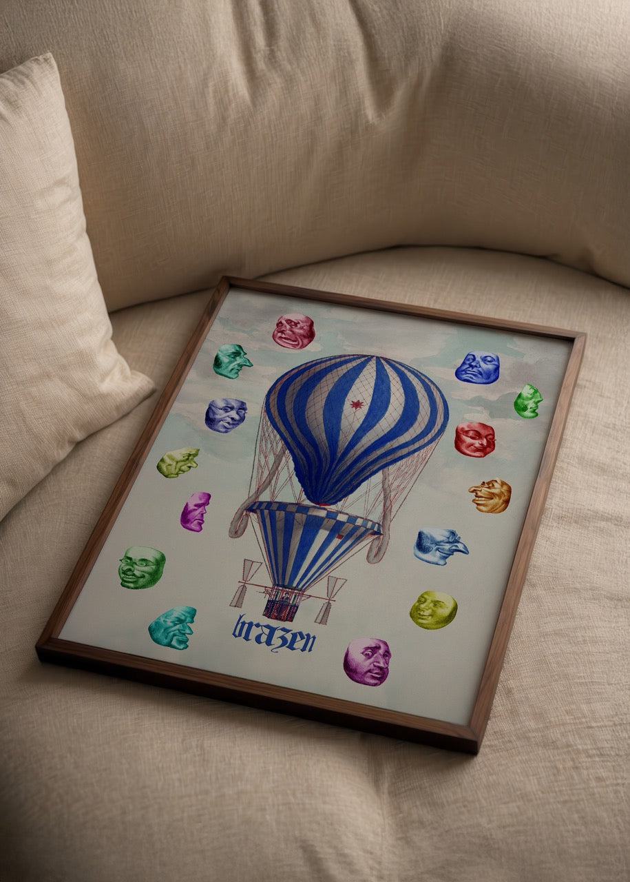 Vibrant Brazen Poster Printing featuring a hot air balloon and colourful expressive faces.