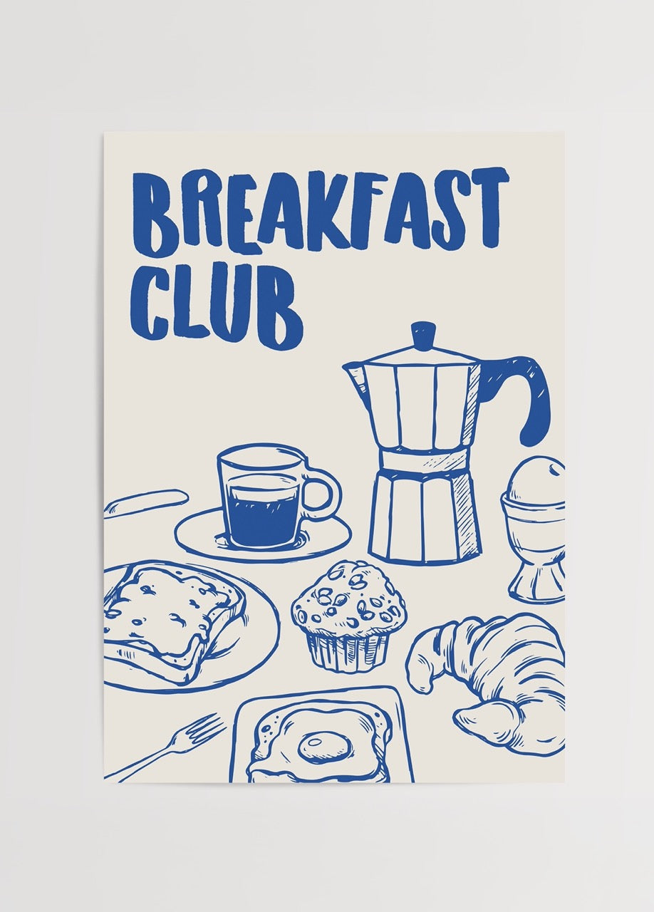 Retro illustration of breakfast items in blue on cream background.