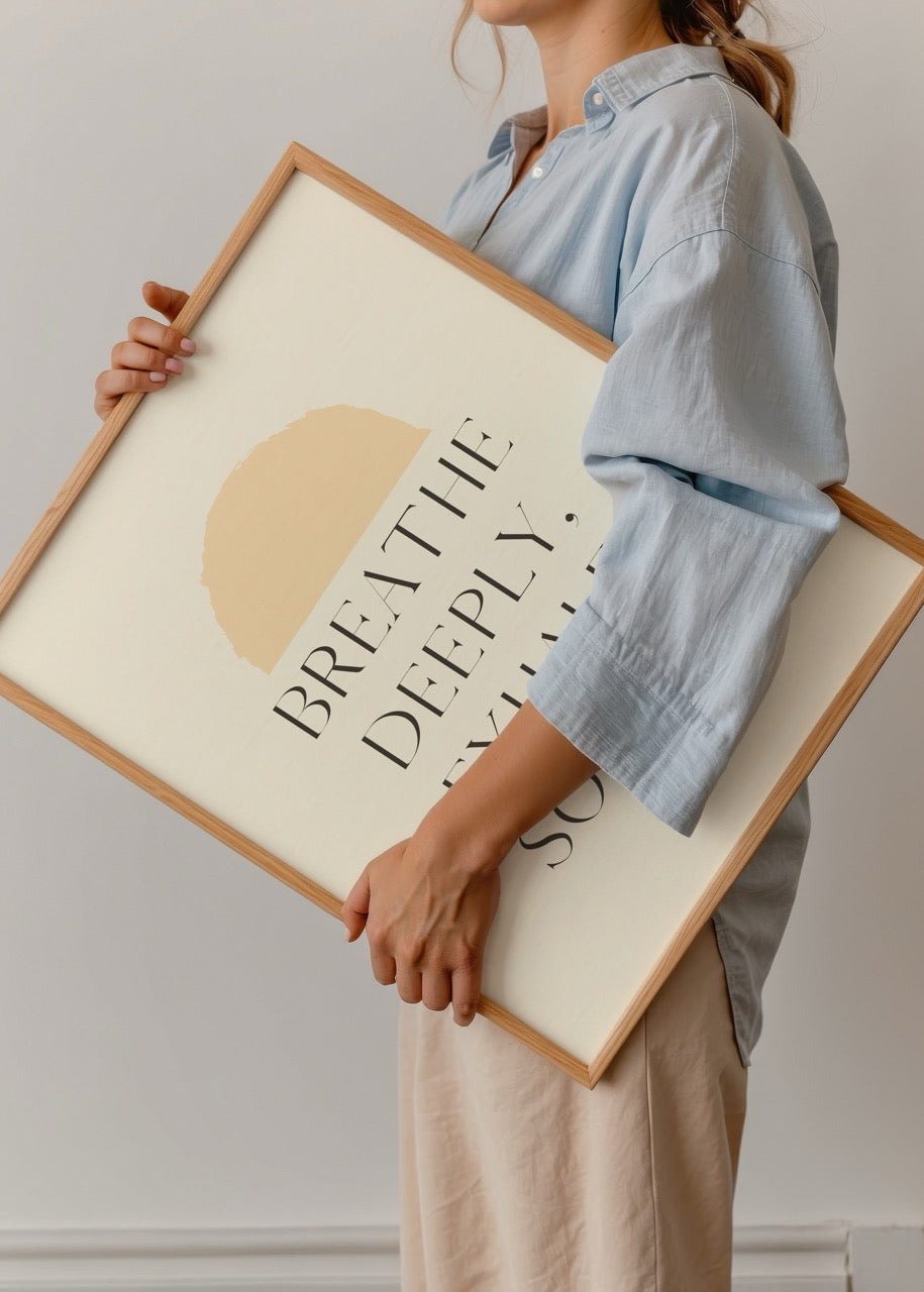 Breathe Deeply Exhale Softly Poster Baskı featuring minimalist design with calming tones.