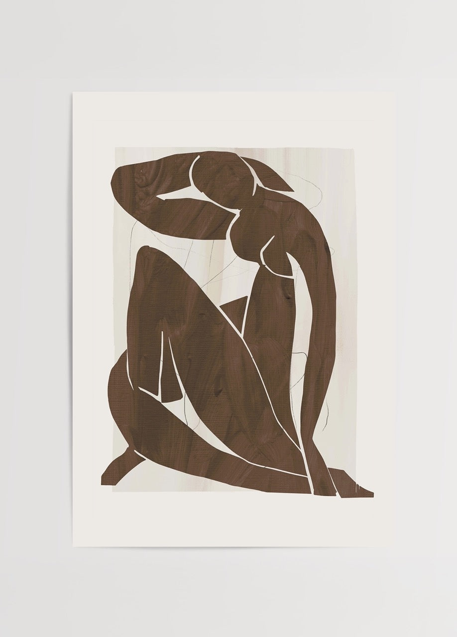 Elegant brown contour figure art print showcasing abstract human form.