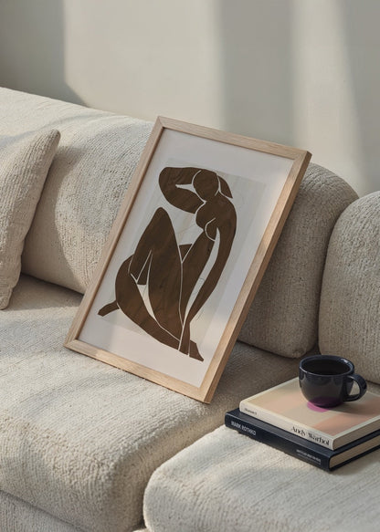 Elegant brown contour figure art print showcasing abstract human form.
