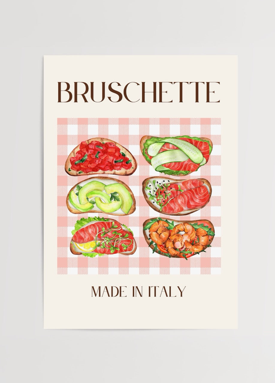 Illustration of various bruschetta on a checkered background