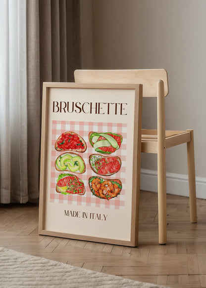 Illustration of various bruschetta on a checkered background