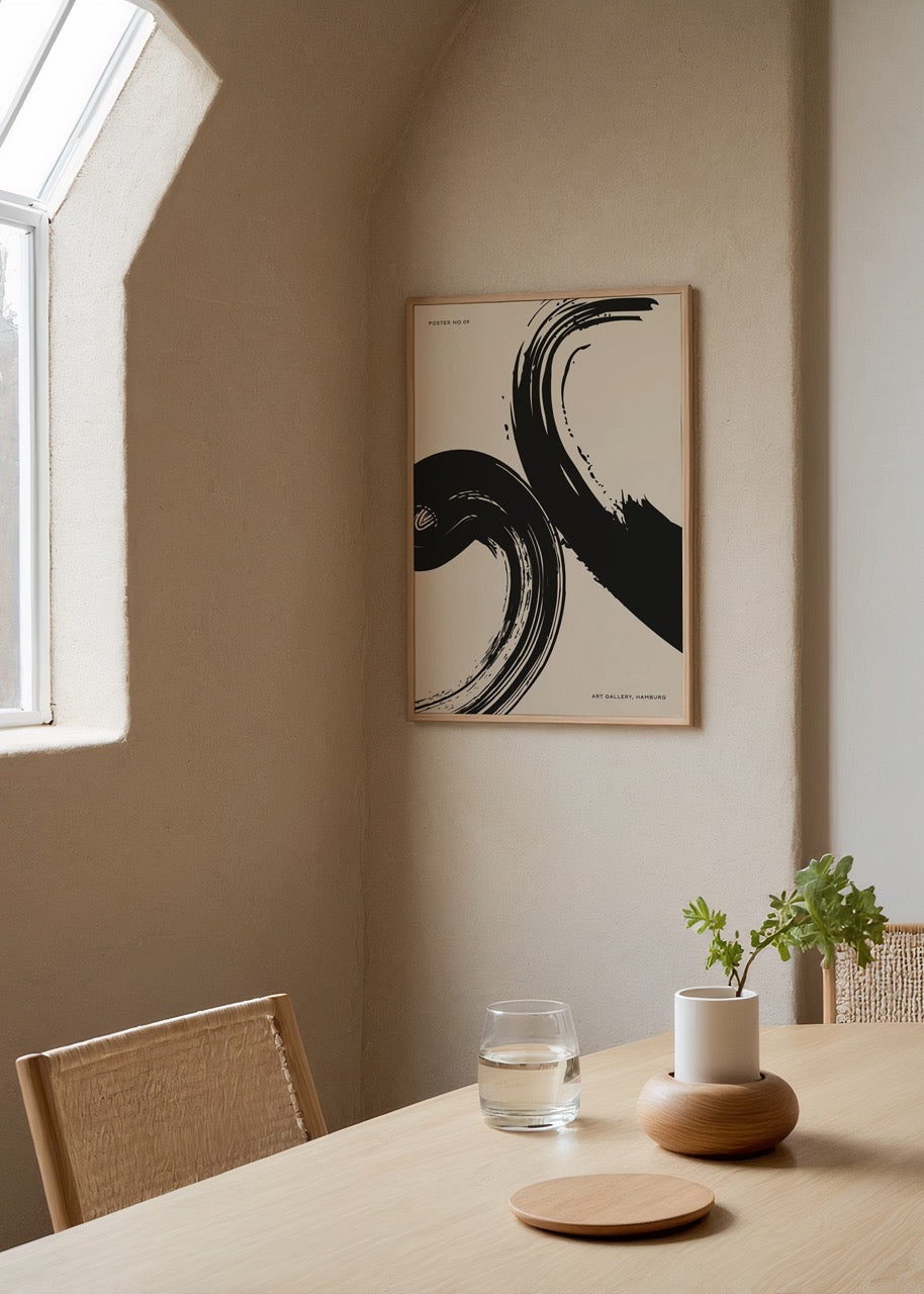 Dynamic Brushstroke Harmony poster featuring bold black strokes on beige background.