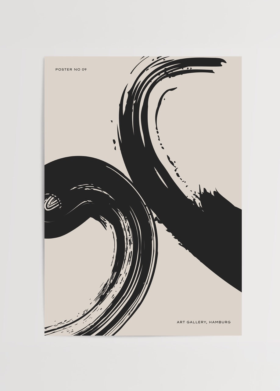 Dynamic Brushstroke Harmony poster featuring bold black strokes on beige background.
