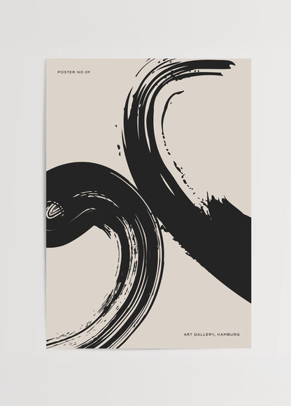 Dynamic Brushstroke Harmony poster featuring bold black strokes on beige background.