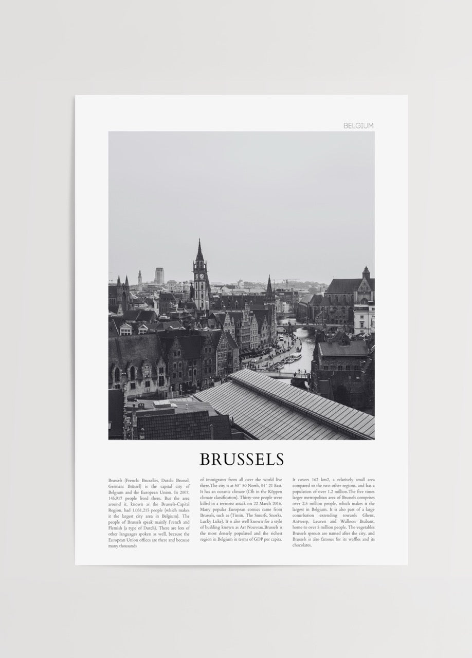 Black and white poster of Brussels cityscape showcasing architecture and waterways.