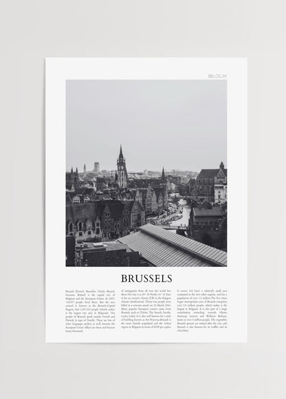 Black and white poster of Brussels cityscape showcasing architecture and waterways.