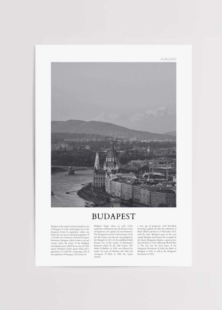 Monochrome poster of Budapest showcasing its architectural beauty and historical significance.