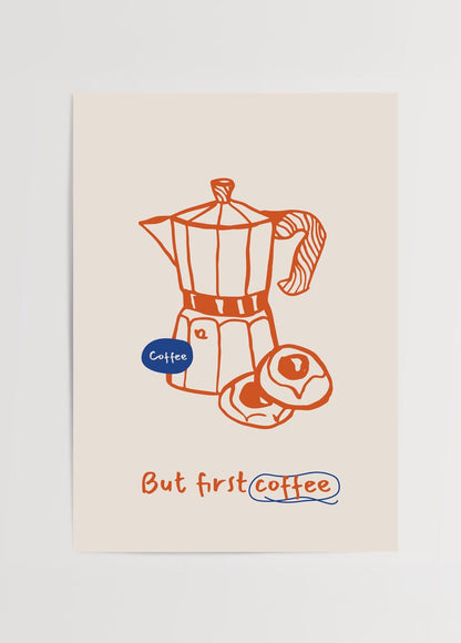 Illustration of a Moka pot with a donut and coffee text on a light background.