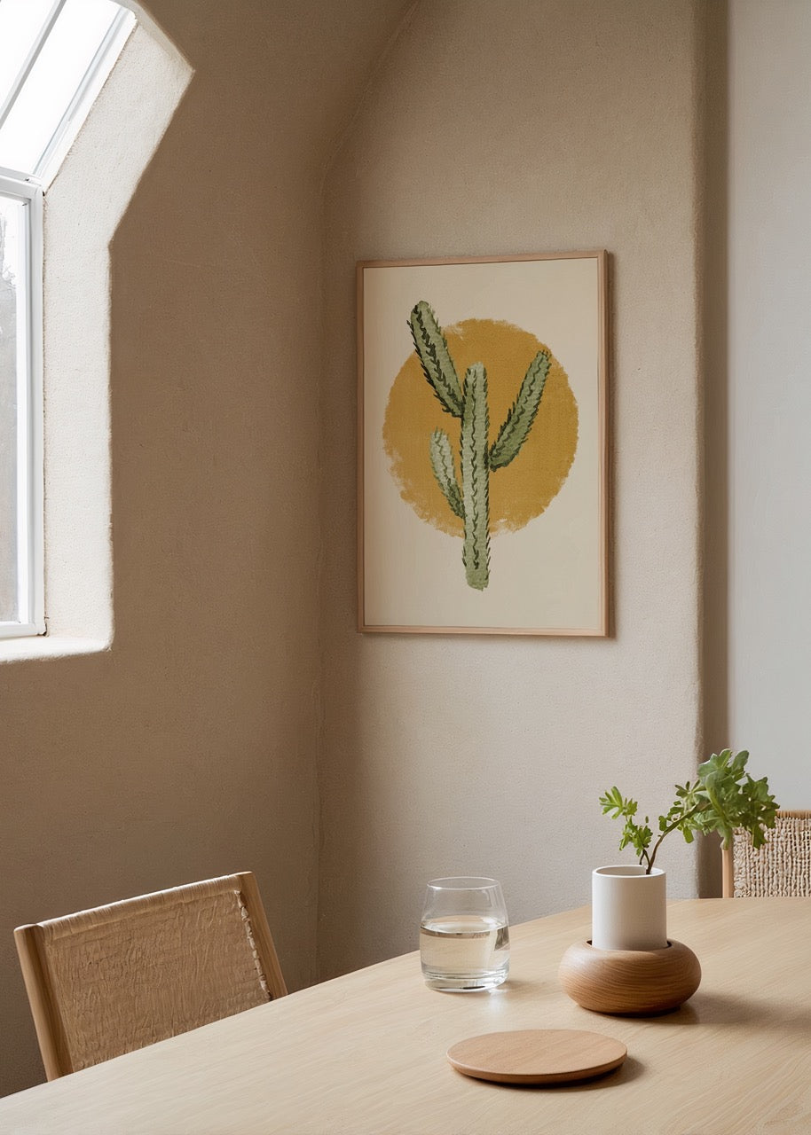 Botanical illustration of a cactus against a warm yellow backdrop.