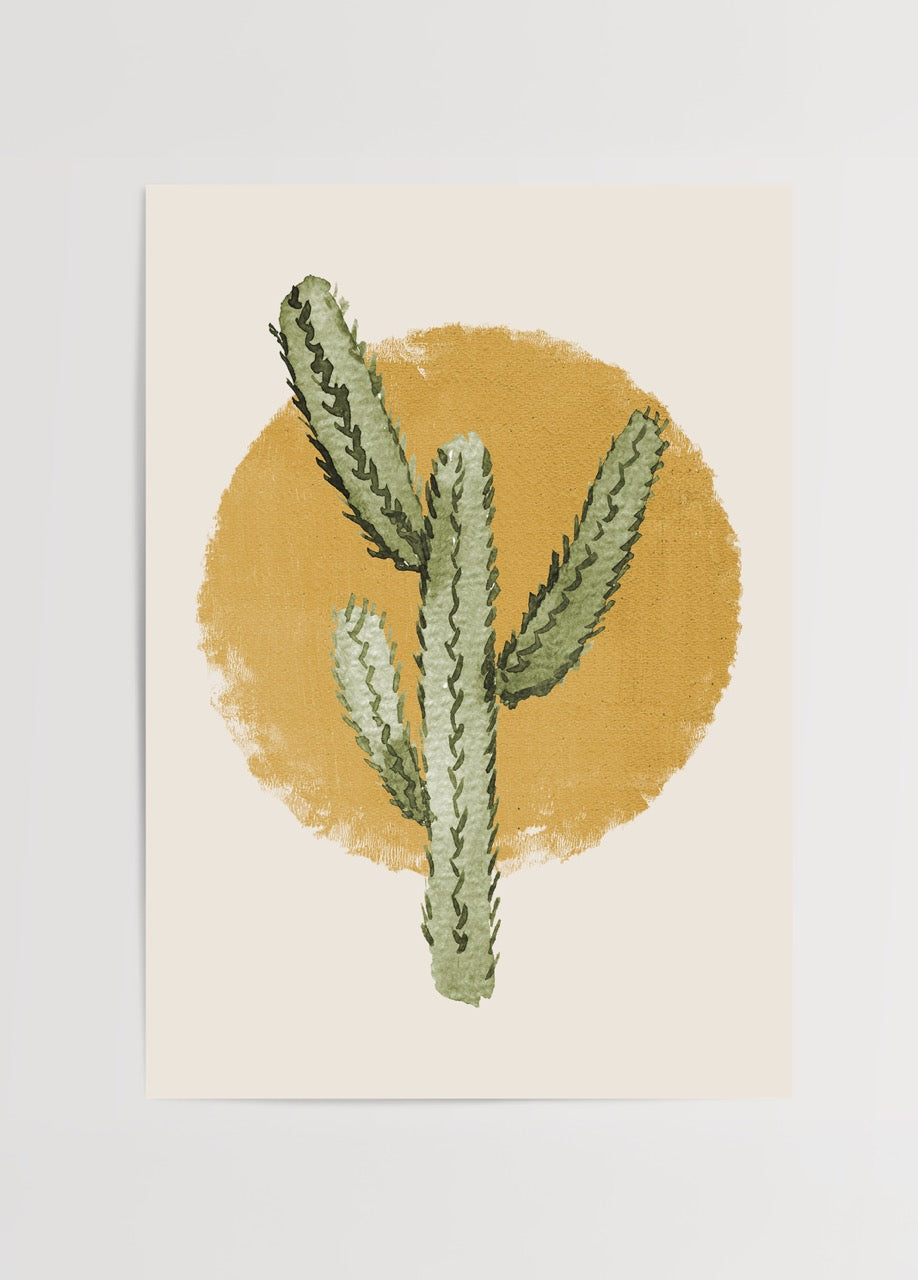 Botanical illustration of a cactus against a warm yellow backdrop.