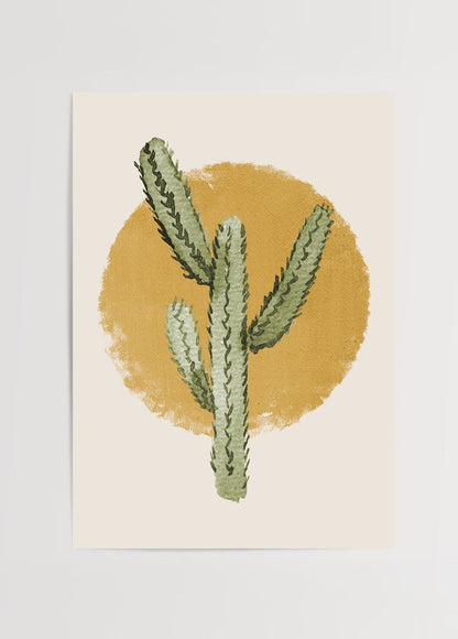 Botanical illustration of a cactus against a warm yellow backdrop.