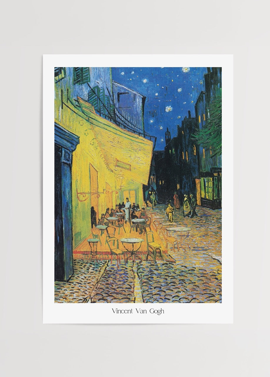 A vibrant café scene illuminated under a starry night sky.