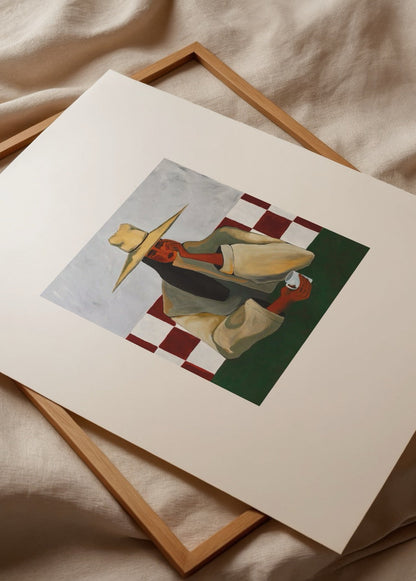 ‘Calm in a Cup’ Poster Print featuring a contemplative figure with a cup.