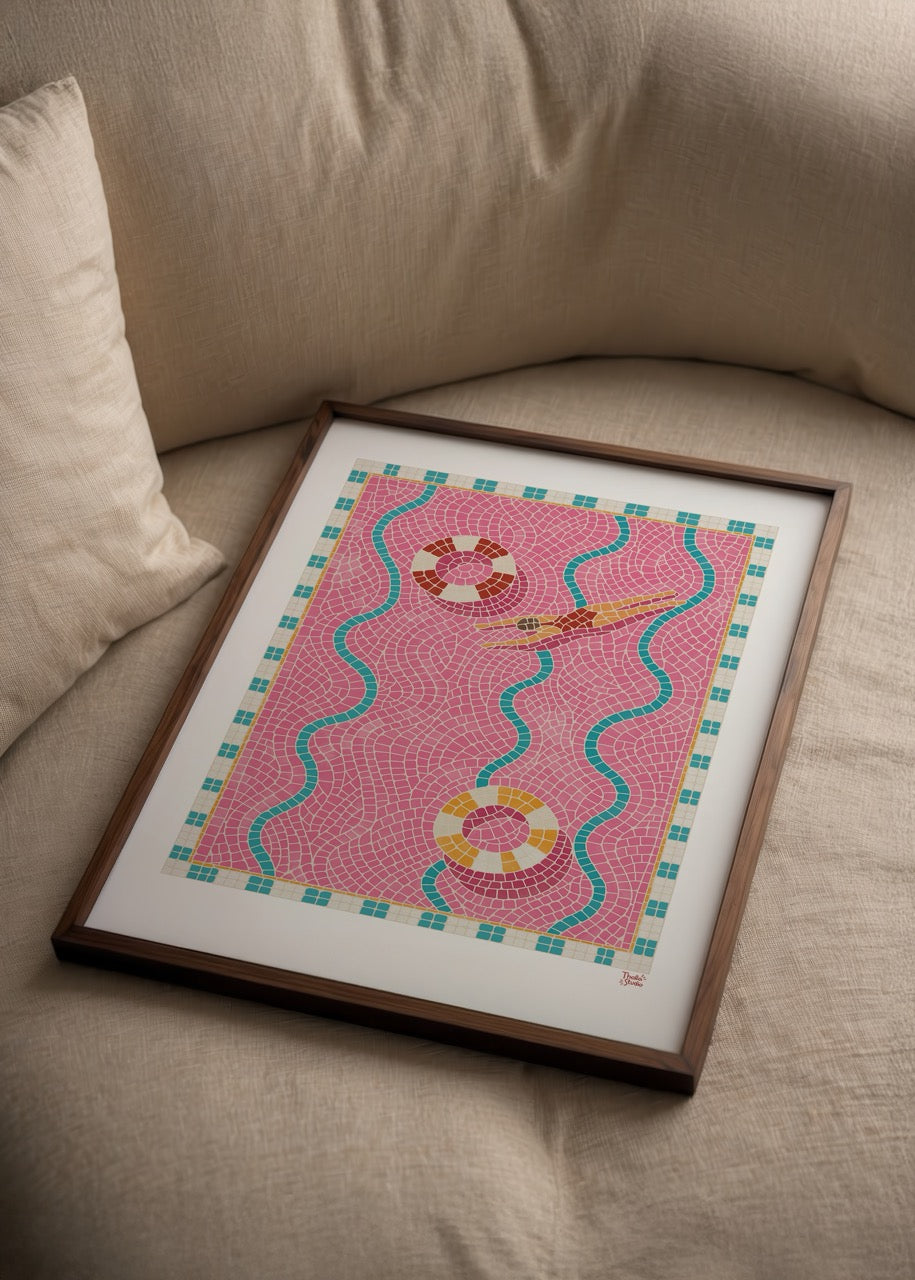 Colourful artwork of a pool with mosaic patterns in pink and turquoise.